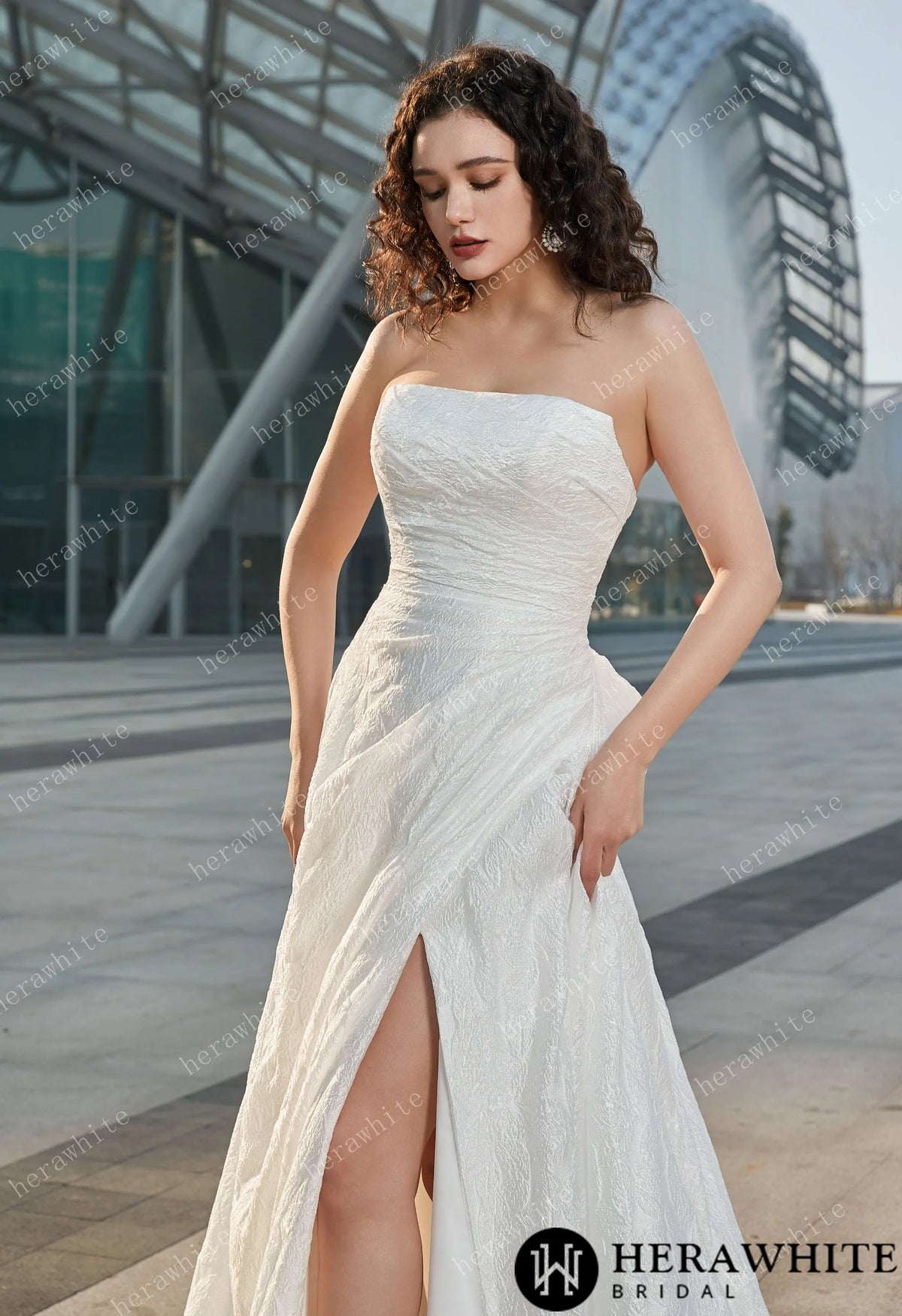 Strapless High Slit Printed Tulle A line Wedding Dresses HW3609