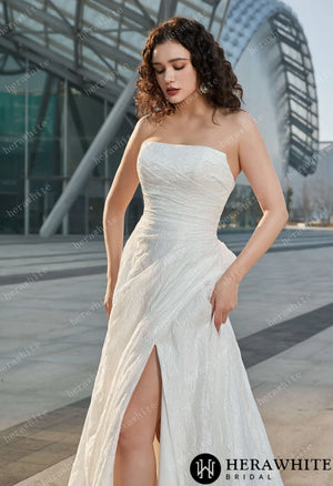 Strapless High Slit Printed Tulle A line Wedding Dresses HW3609