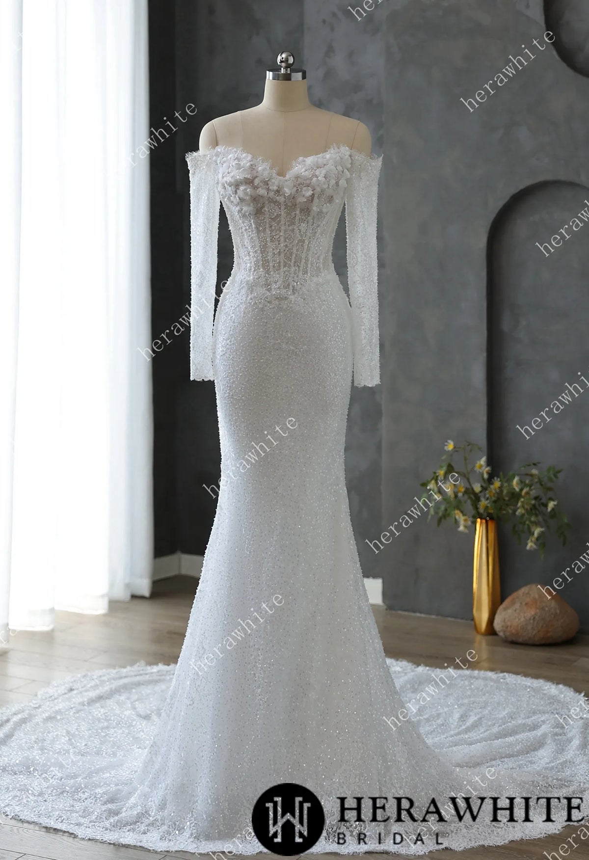 Pearl and Sequin Embellished Lace Fit and Flare Wedding Gown with 3D Floral HW3611