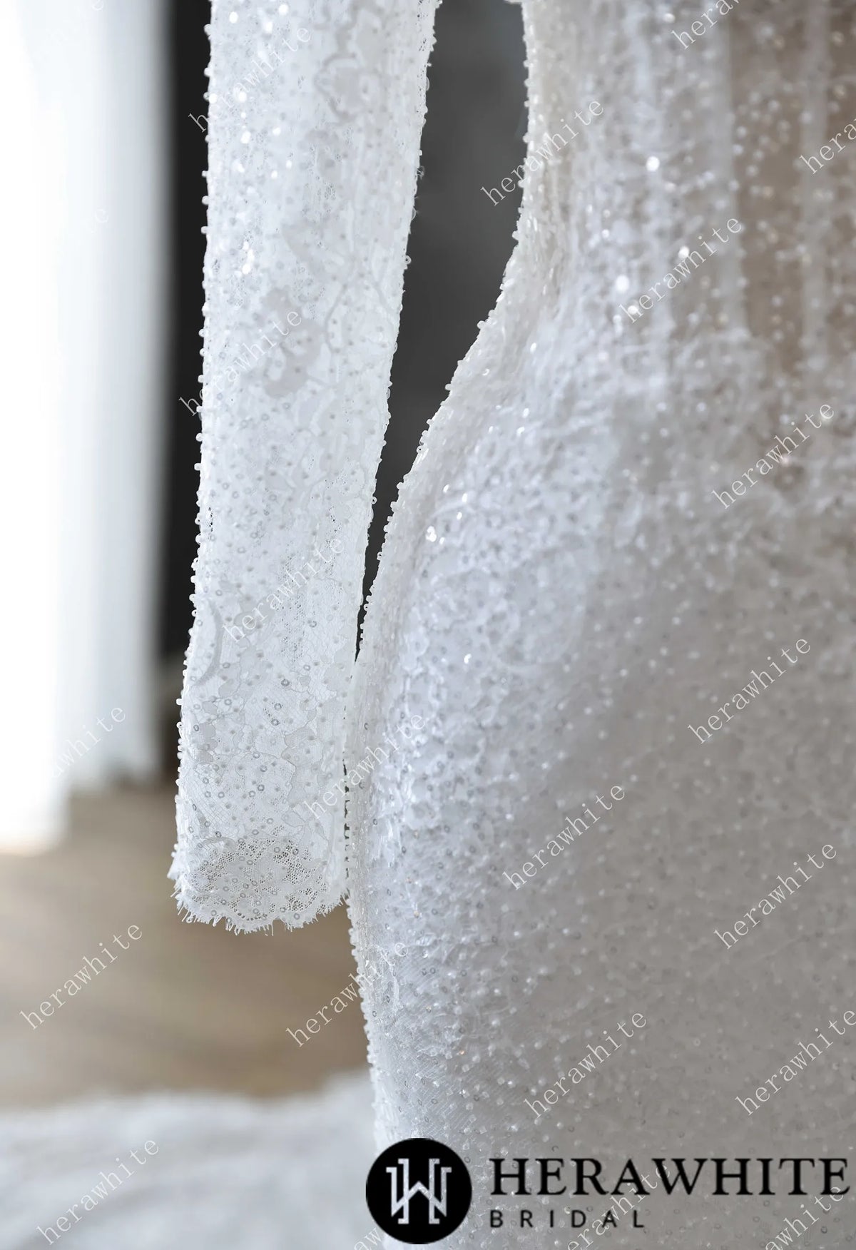 Pearl and Sequin Embellished Lace Fit and Flare Wedding Gown with 3D Floral HW3611