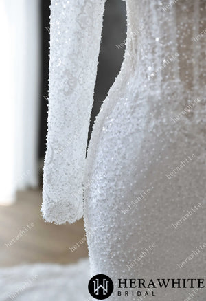 Pearl and Sequin Embellished Lace Fit and Flare Wedding Gown with 3D Floral HW3611