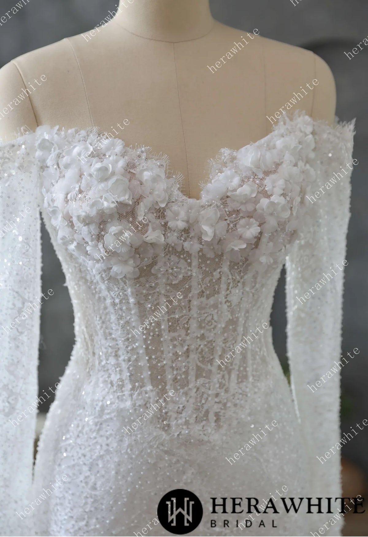 Pearl and Sequin Embellished Lace Fit and Flare Wedding Gown with 3D Floral HW3611