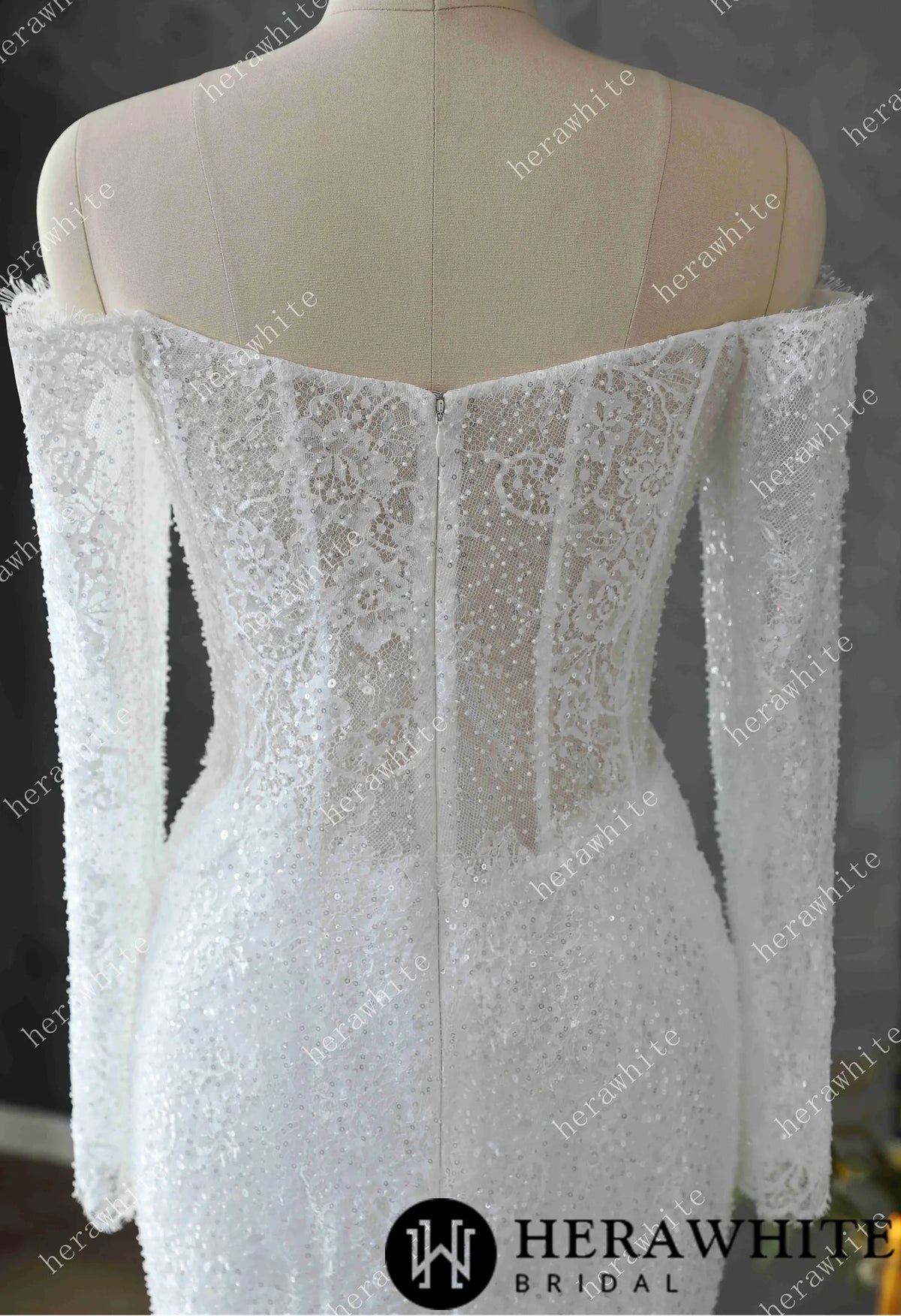 Pearl and Sequin Embellished Lace Fit and Flare Wedding Gown with 3D Floral HW3611