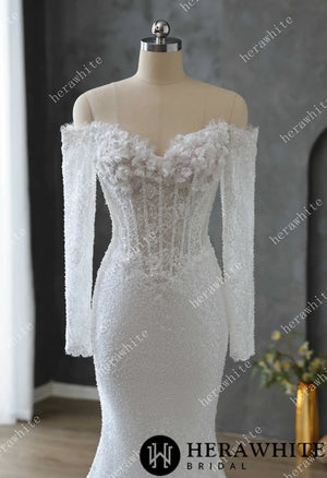 Pearl and Sequin Embellished Lace Fit and Flare Wedding Gown with 3D Floral HW3611