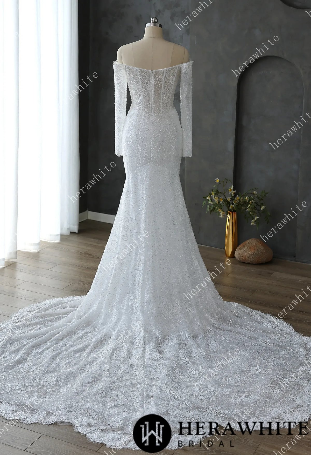 Pearl and Sequin Embellished Lace Fit and Flare Wedding Gown with 3D Floral HW3611