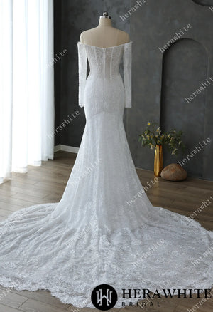 Pearl and Sequin Embellished Lace Fit and Flare Wedding Gown with 3D Floral HW3611