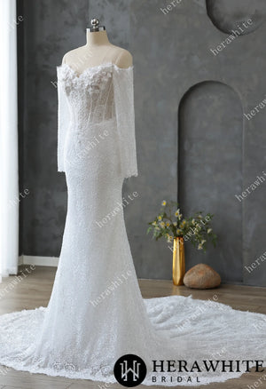 Pearl and Sequin Embellished Lace Fit and Flare Wedding Gown with 3D Floral HW3611