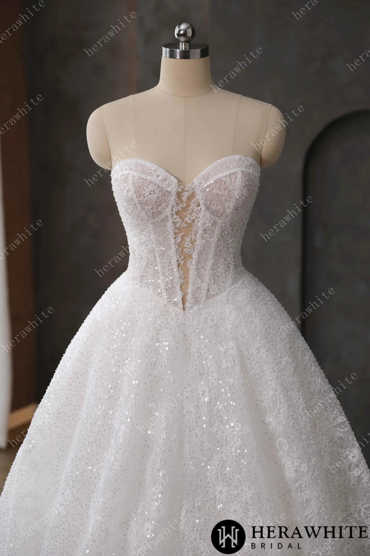 Stunning Sweetheart Neckline Sequined Lace Keyhole Wedding Dress HW3612