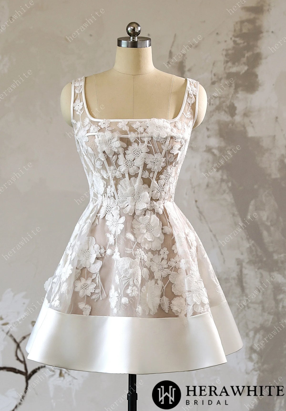 3D Floral Lace A Line Short Reception Dress with Lace Up Back HW3613