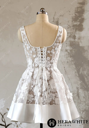 3D Floral Lace A Line Short Reception Dress with Lace Up Back HW3613