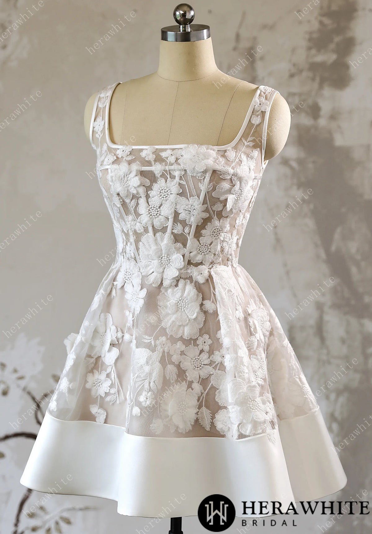 3D Floral Lace A Line Short Reception Dress with Lace Up Back HW3613