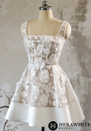 3D Floral Lace A Line Short Reception Dress with Lace Up Back HW3613