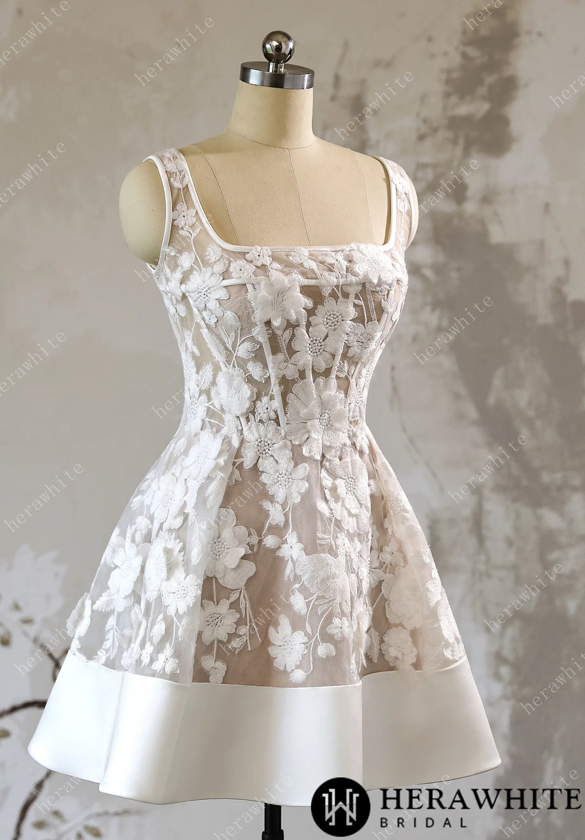 3D Floral Lace A Line Short Reception Dress with Lace Up Back HW3613