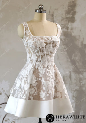 3D Floral Lace A Line Short Reception Dress with Lace Up Back HW3613