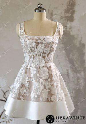 3D Floral Lace A Line Short Reception Dress with Lace Up Back HW3613