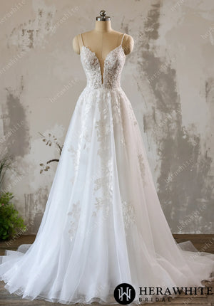 Lace A-line Bridal Gown with Sparkling Tulle and Crystal Beaded Straps HW3618