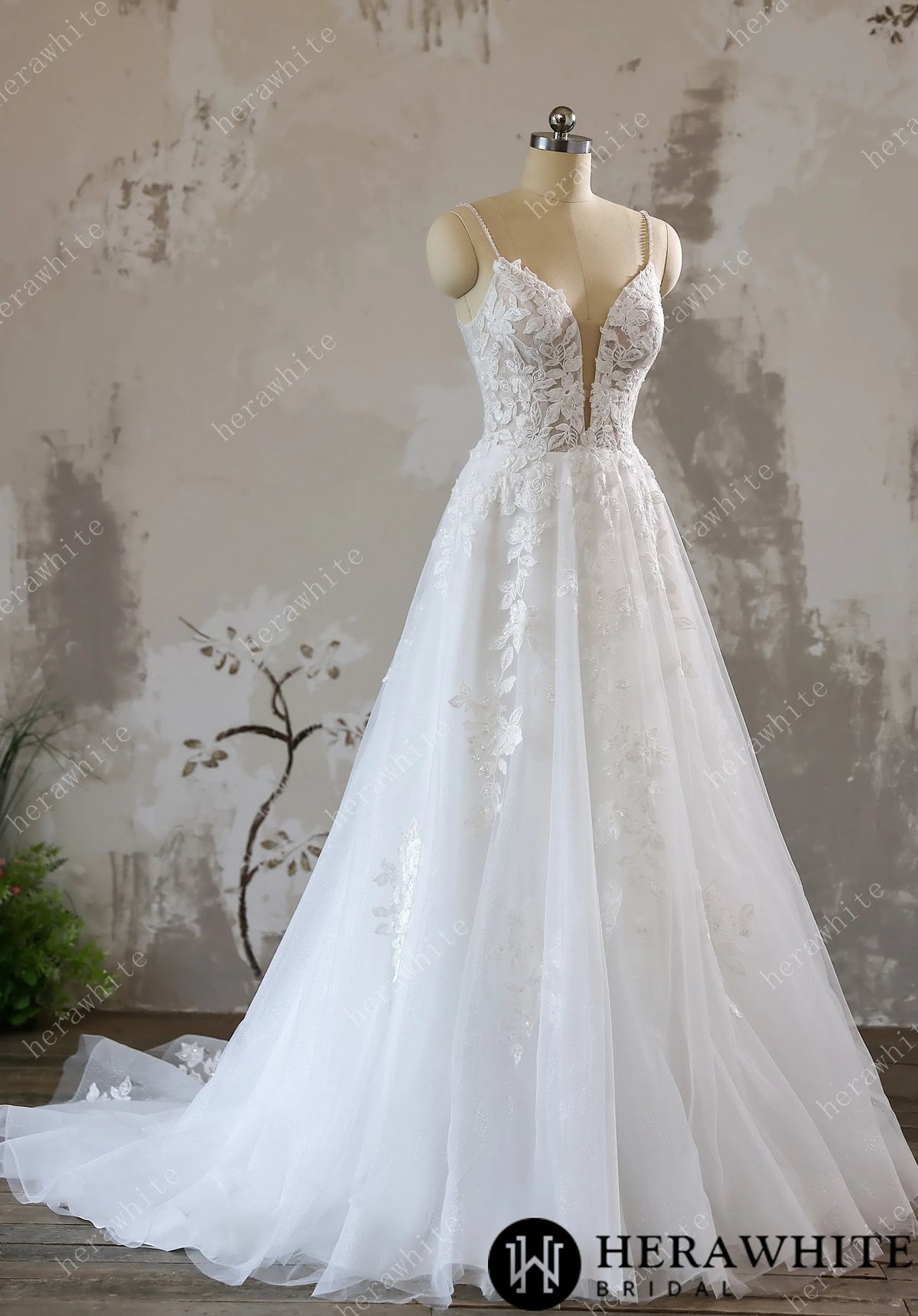 Lace A-line Bridal Gown with Sparkling Tulle and Crystal Beaded Straps HW3618
