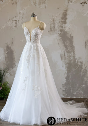 Lace A-line Bridal Gown with Sparkling Tulle and Crystal Beaded Straps HW3618