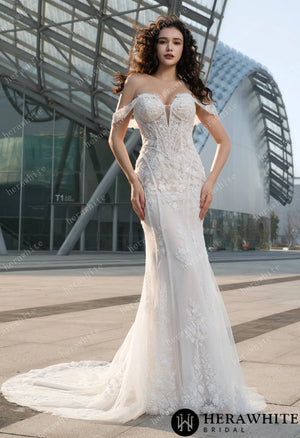 Enchanting Off-the-Shoulder Wedding Dress with Detachable Train – Lace Embroidery & Elegance Redefined HW3624