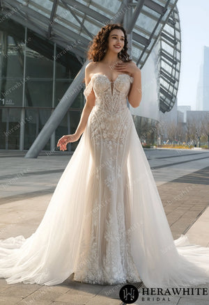 Enchanting Off-the-Shoulder Wedding Dress with Detachable Train – Lace Embroidery & Elegance Redefined HW3624