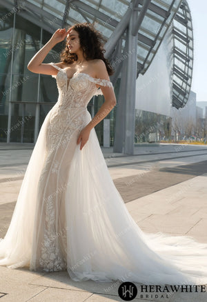 Enchanting Off-the-Shoulder Wedding Dress with Detachable Train – Lace Embroidery & Elegance Redefined HW3624