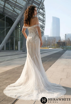 Enchanting Off-the-Shoulder Wedding Dress with Detachable Train – Lace Embroidery & Elegance Redefined HW3624
