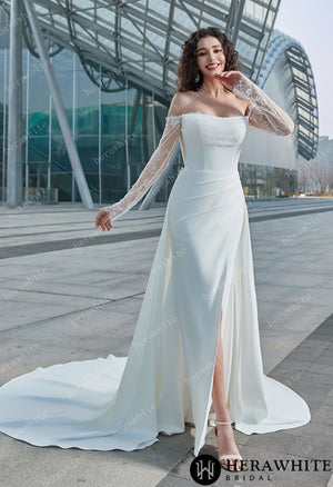 Modern Glam-Off-the-Shoulder Bridal Gown with Thigh-High Slit & Delicate Lace Sleeves HW3626