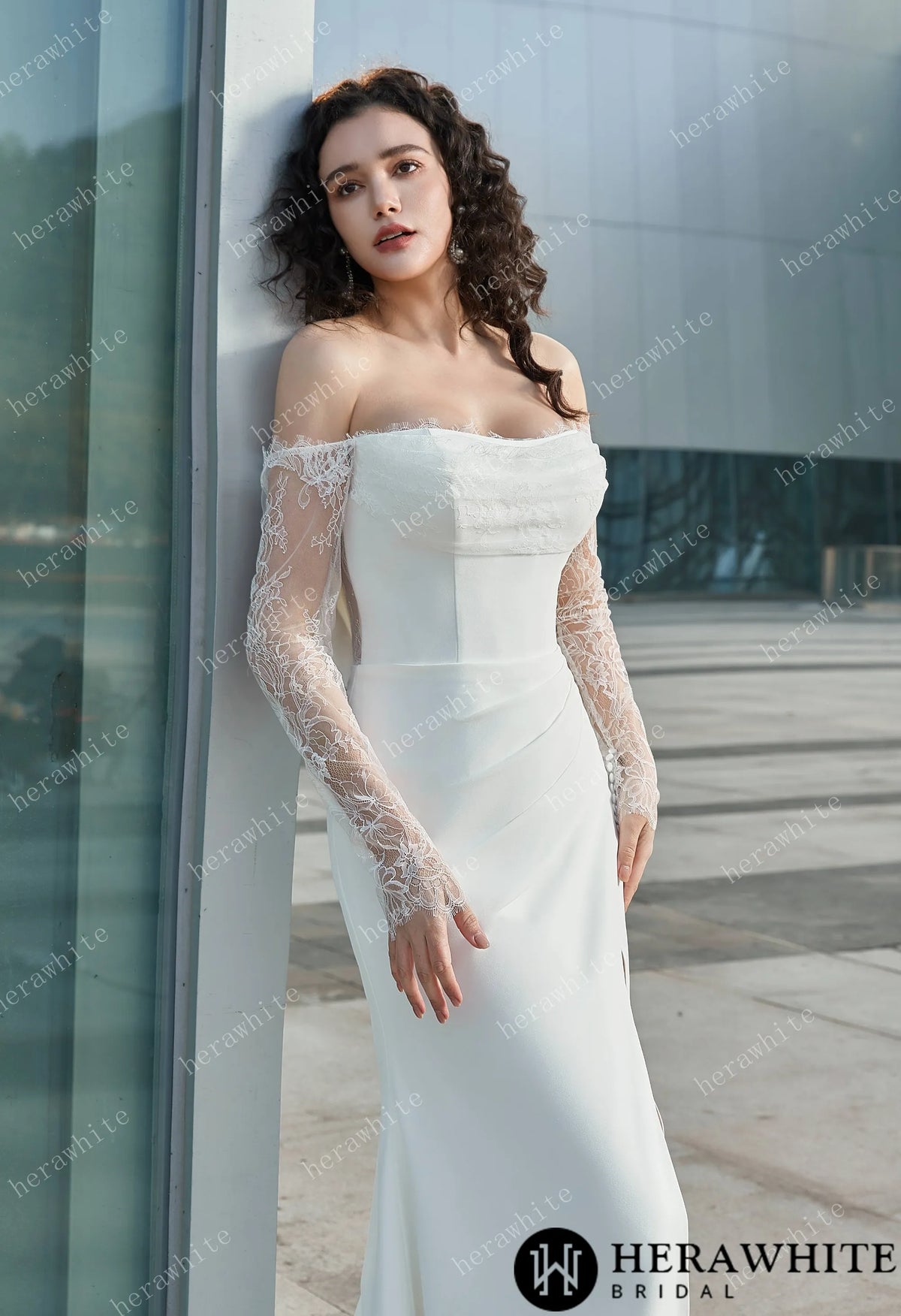 Modern Glam-Off-the-Shoulder Bridal Gown with Thigh-High Slit & Delicate Lace Sleeves HW3626