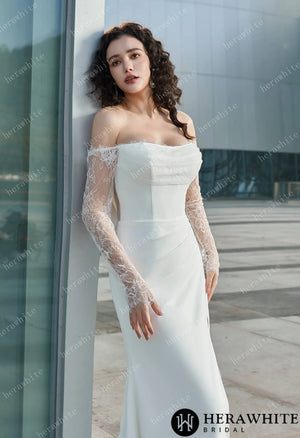 Modern Glam-Off-the-Shoulder Bridal Gown with Thigh-High Slit & Delicate Lace Sleeves HW3626