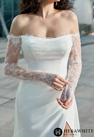 Modern Glam-Off-the-Shoulder Bridal Gown with Thigh-High Slit & Delicate Lace Sleeves HW3626