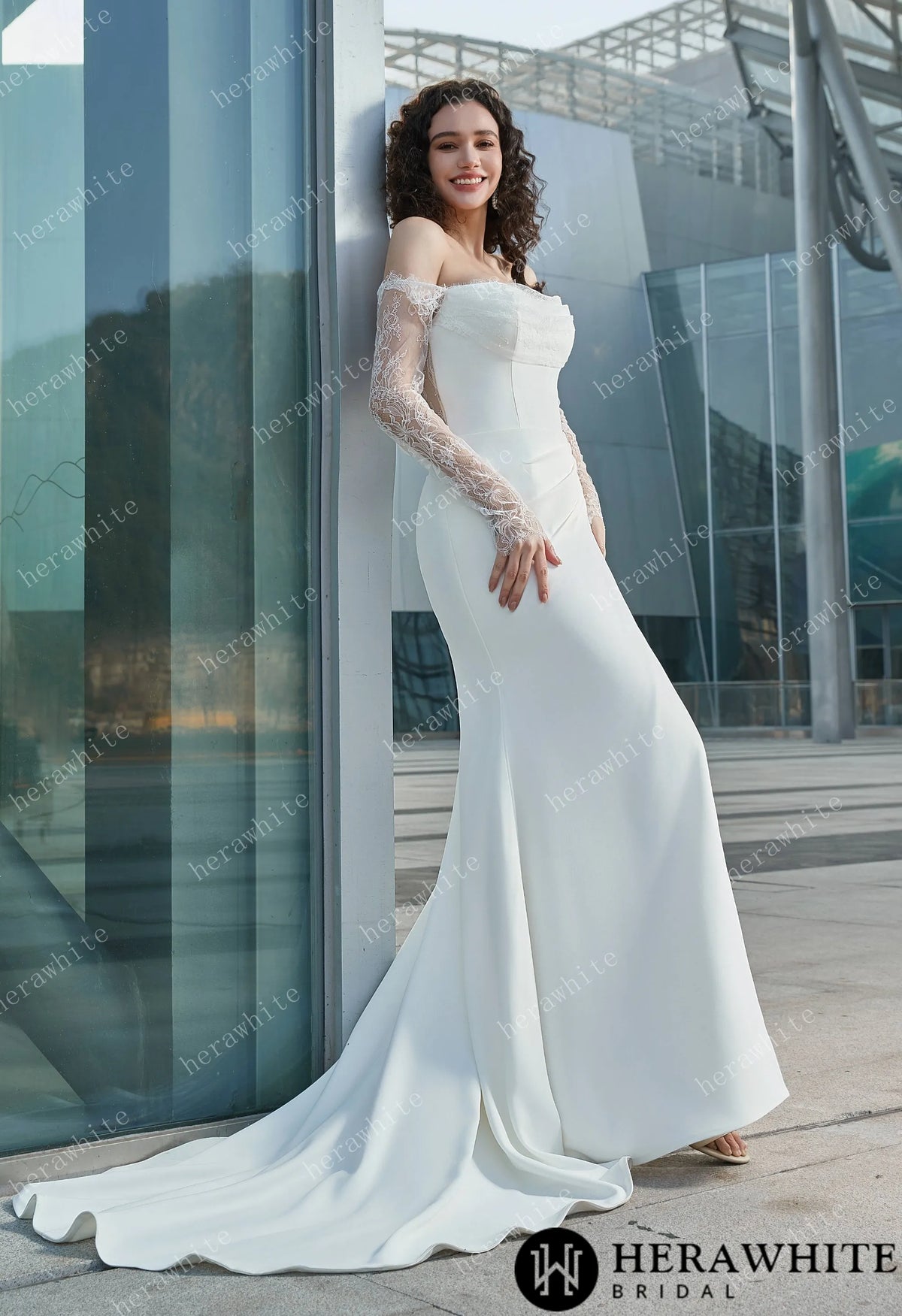 Modern Glam-Off-the-Shoulder Bridal Gown with Thigh-High Slit & Delicate Lace Sleeves HW3626