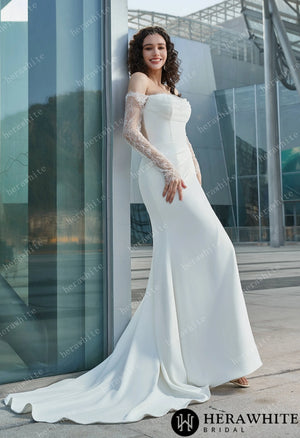 Modern Glam-Off-the-Shoulder Bridal Gown with Thigh-High Slit & Delicate Lace Sleeves HW3626