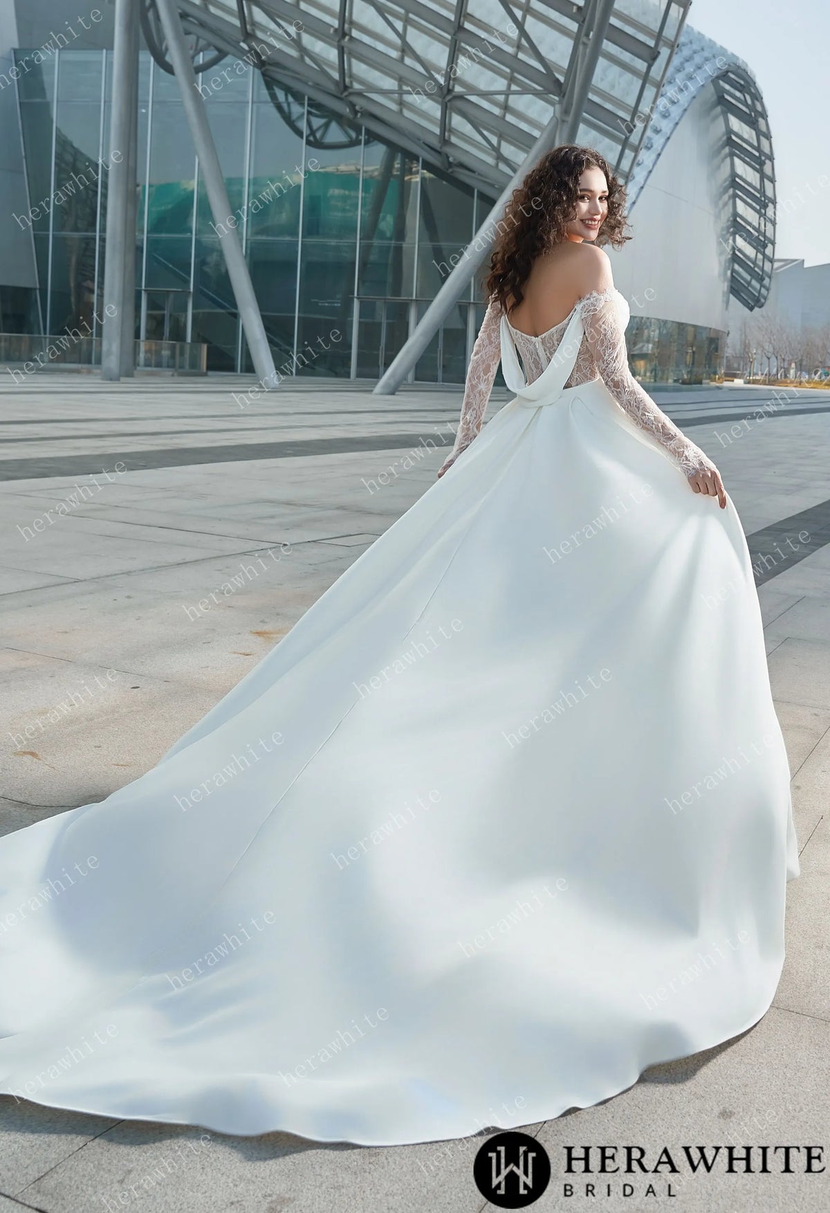 Modern Glam-Off-the-Shoulder Bridal Gown with Thigh-High Slit & Delicate Lace Sleeves HW3626