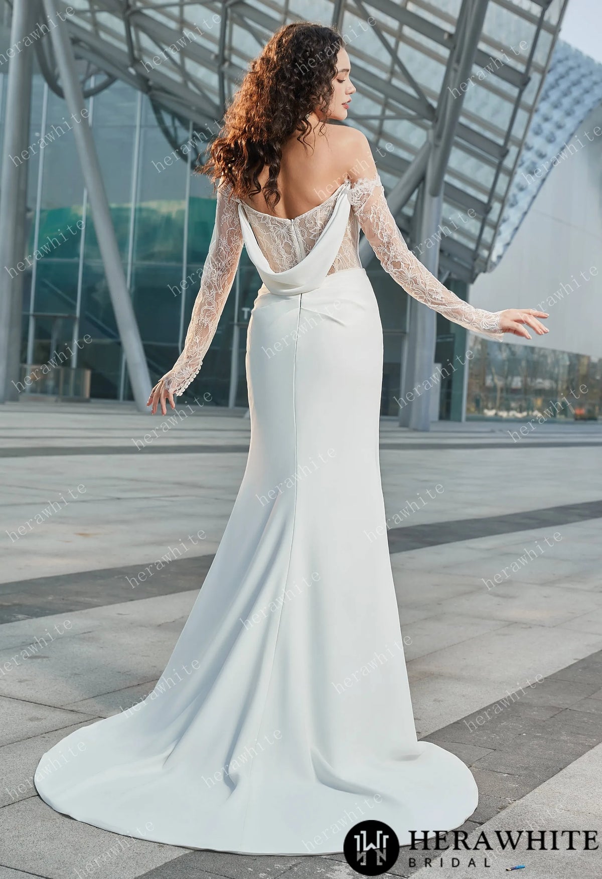 Modern Glam-Off-the-Shoulder Bridal Gown with Thigh-High Slit & Delicate Lace Sleeves HW3626