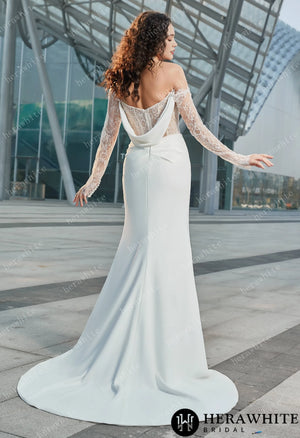 Modern Glam-Off-the-Shoulder Bridal Gown with Thigh-High Slit & Delicate Lace Sleeves HW3626