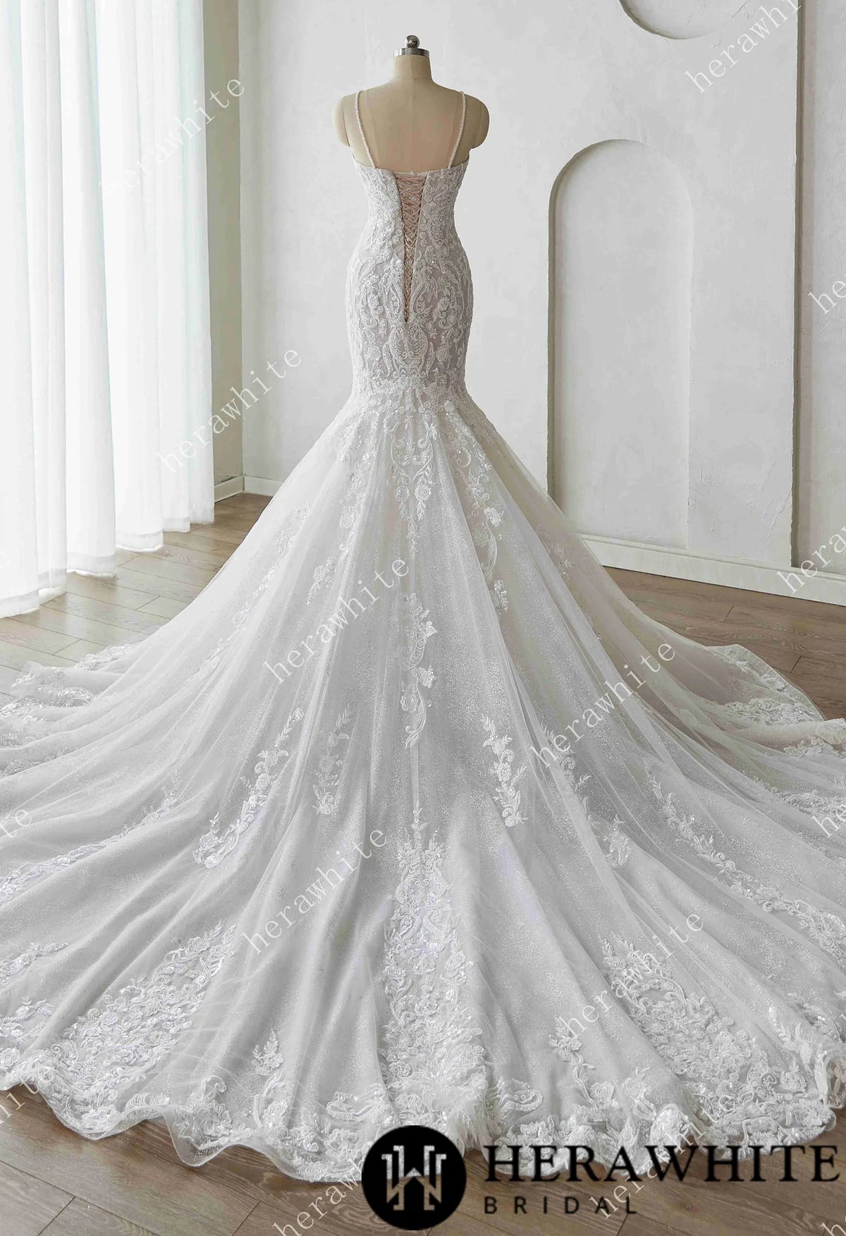 Glamorous Glitter Tulle Wedding Dress with Beaded Corset Back and Dramatic Train HW3628