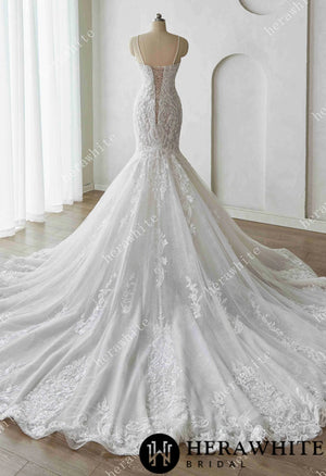 Glamorous Glitter Tulle Wedding Dress with Beaded Corset Back and Dramatic Train HW3628