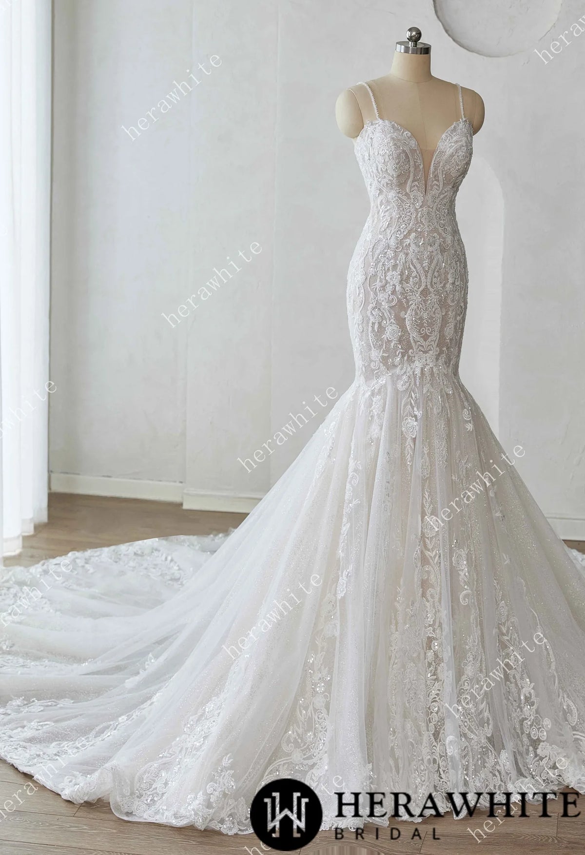 Glamorous Glitter Tulle Wedding Dress with Beaded Corset Back and Dramatic Train HW3628