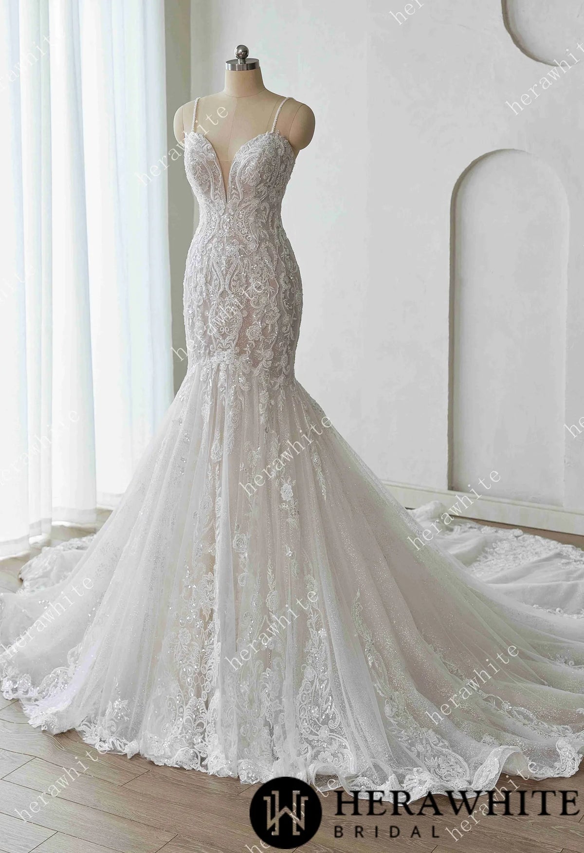 Glamorous Glitter Tulle Wedding Dress with Beaded Corset Back and Dramatic Train HW3628