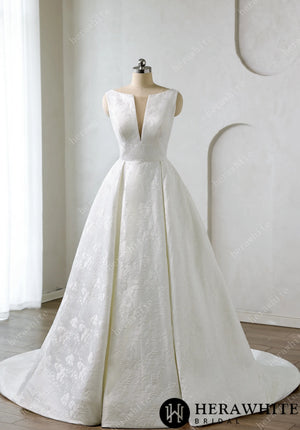 Modern Modesty Floral Jacquard A-Line Wedding Dress with Pockets HW3638