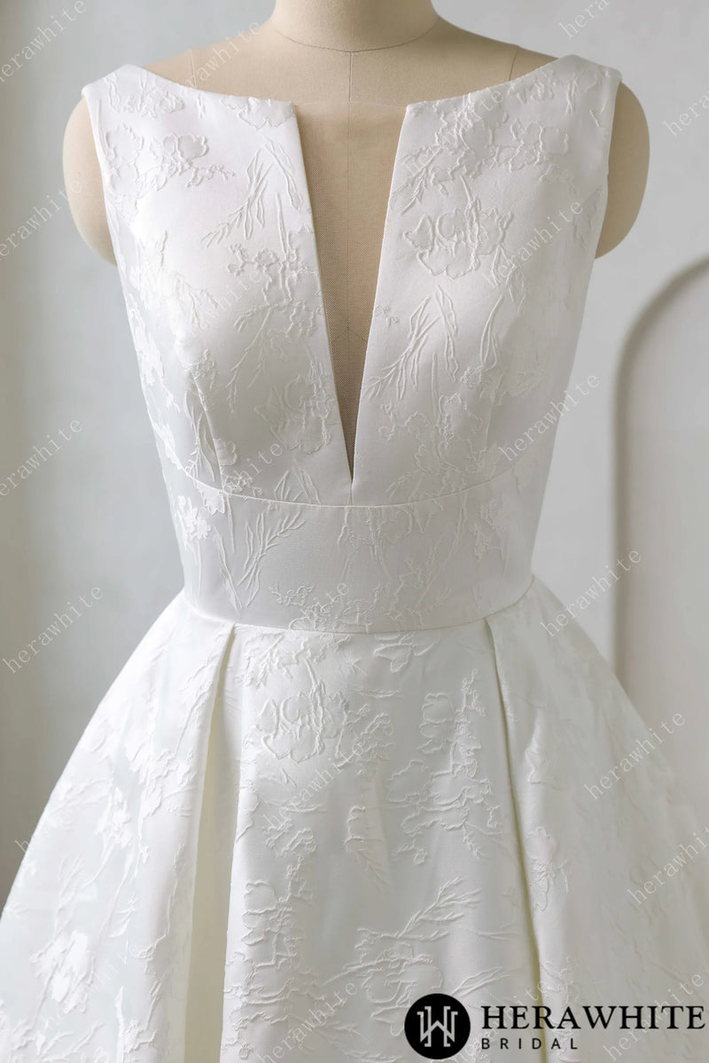 Modern Modesty Floral Jacquard A-Line Wedding Dress with Pockets HW3638