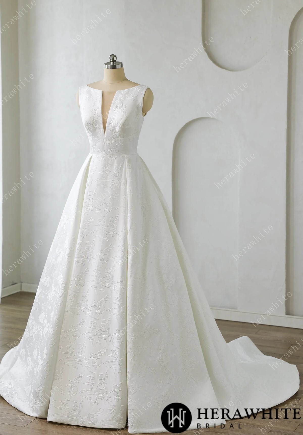 Modern Modesty Floral Jacquard A-Line Wedding Dress with Pockets HW3638