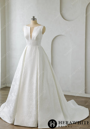 Modern Modesty Floral Jacquard A-Line Wedding Dress with Pockets HW3638