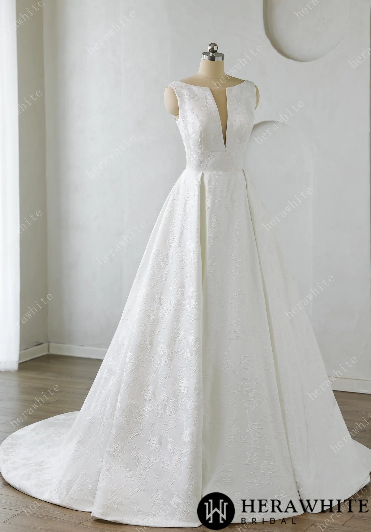 Modern Modesty Floral Jacquard A-Line Wedding Dress with Pockets HW3638