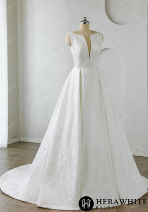 Modern Modesty Floral Jacquard A-Line Wedding Dress with Pockets HW3638