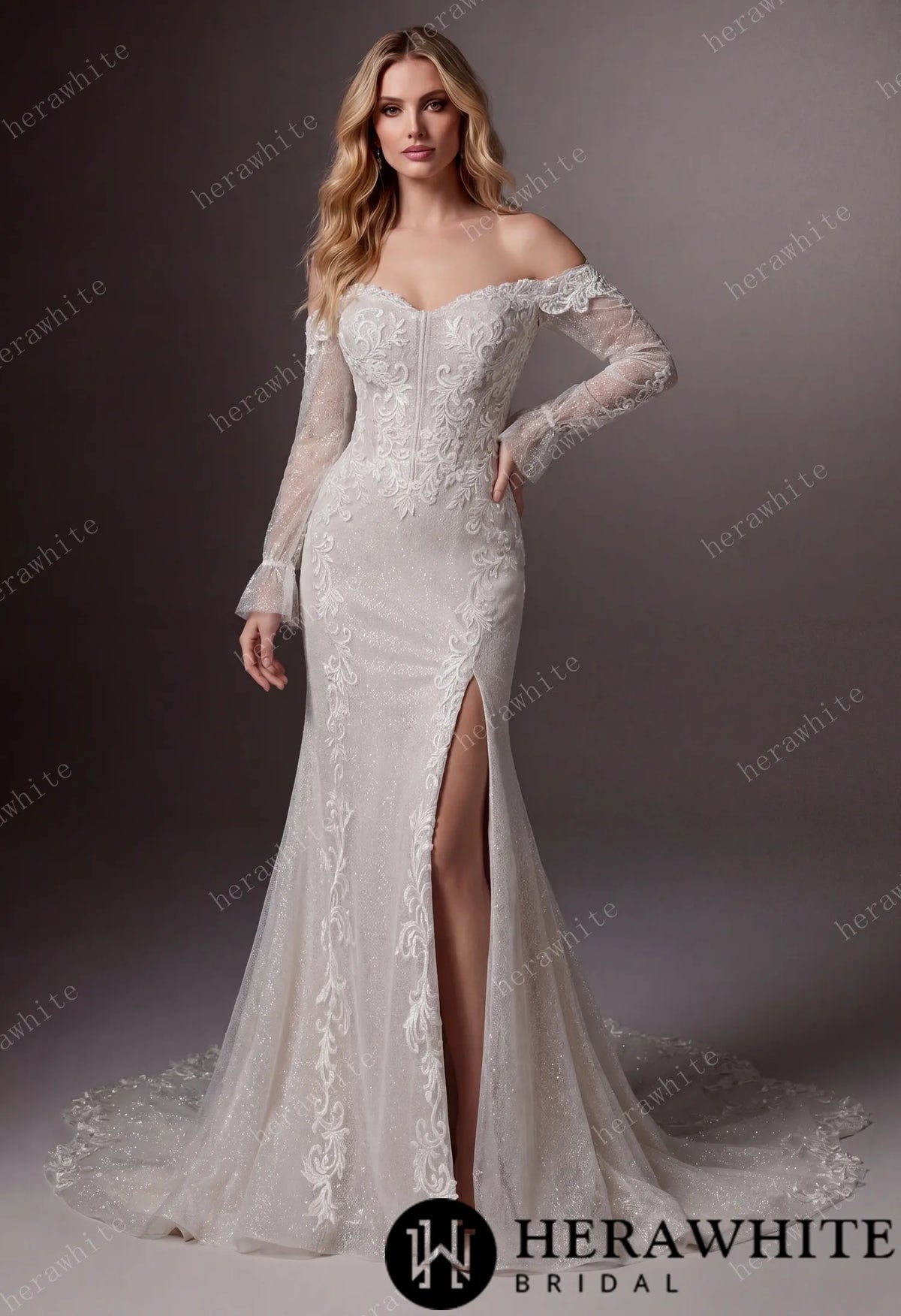 Off-the-Shoulder Sequin Lace Fit-and-Flare Wedding Gown With Lotus Train HW3642
