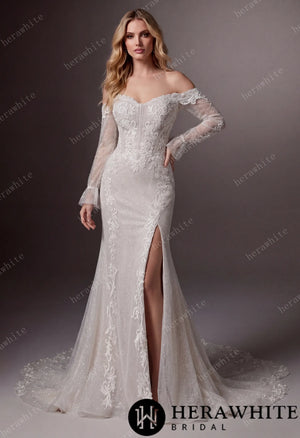 Off-the-Shoulder Sequin Lace Fit-and-Flare Wedding Gown With Lotus Train HW3642