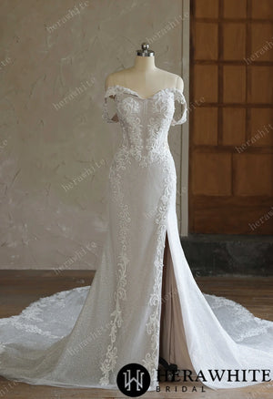 Off-the-Shoulder Sequin Lace Fit-and-Flare Wedding Gown With Lotus Train HW3642