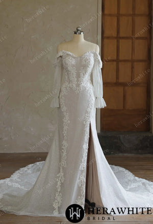 Off-the-Shoulder Sequin Lace Fit-and-Flare Wedding Gown With Lotus Train HW3642