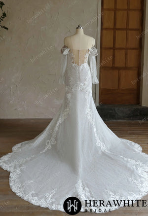 Off-the-Shoulder Sequin Lace Fit-and-Flare Wedding Gown With Lotus Train HW3642